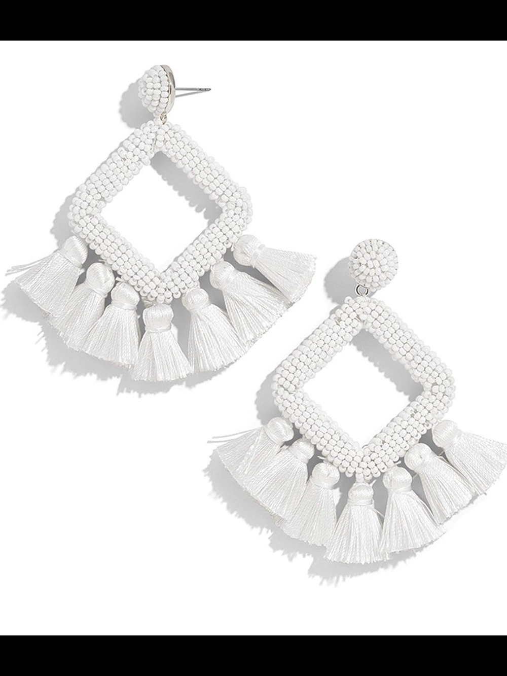 White Beaded Tassel Square Drop Earrings